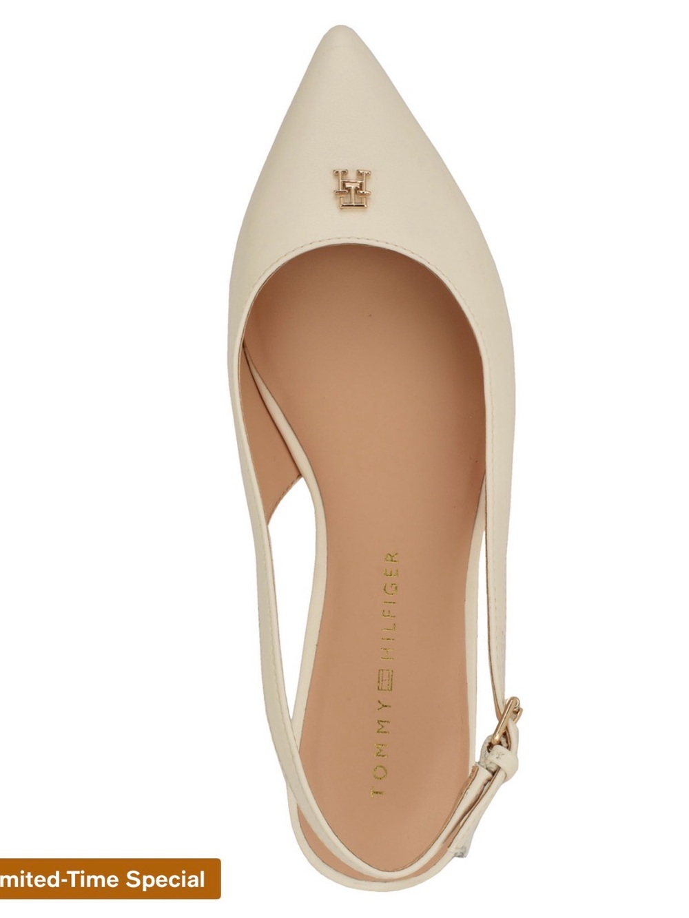 Tommy Hilfiger Cream Pointed Slingback Flat with Gold Logo